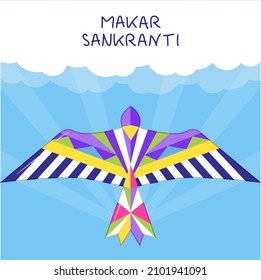 Herzlichen Glückwunsch, Makar Sankranti, Vektor. Hindi Grußkarte für Web, Social Networks. Makar Sankranti-Konzept mit buntem Adler, Vogel-Drachen am Himmel