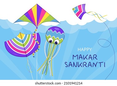 Happy Makar Sankranti vector. Hindi greeting card for web, social net. Makar Sankranti concept with colorful kites in sky. Event is celebrated in January.