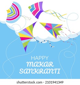 Happy Makar Sankranti vector. Hindi greeting card for web, social net. Makar Sankranti concept with colorful kites in sky