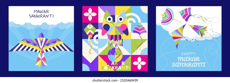 Feliz vector Makar Sankranti. Tarjeta de saludo hindi para web, red social al estilo bauhaus. Concepto de Makar Sankranti con cometas coloridas en el cielo