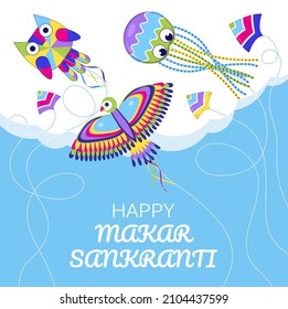 Herzlichen Glückwunsch, Makar Sankranti, Vektor. Hindi Grußkarte für Web, Social Networks. Makar Sankranti-Konzept mit bunten Drachen am Himmel