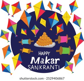 Feliz Ilustración vectorial Makar Sankranti. Bueno para el Anuncio, cartel, tarjeta de felicitación, tarjeta del partido, invitación, Plantilla, publicidad, folletos, volantes, banners publicitarios y redes sociales
