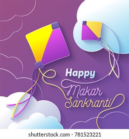 Feliz Makar Sankranti. Ilustración vectorial con cometas y nubes.
