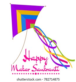 Happy Makar Sankranti! Vector illustration with colorful bright kite and congratulation isolated on white background