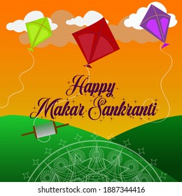 Happy Makar Sankranti wish card with vibrant background and kites on front with charkhi and fields
