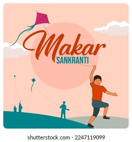 Happy Makar Sankranti wish post with Colourful kites set for Indian festive background. Editable vector file. 