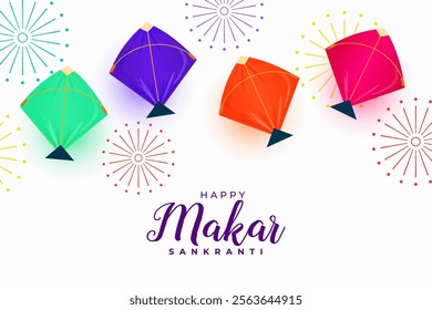 happy makar sankranti wishes card with colorful flying kites vector