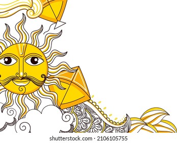 Happy Makar Sankranti Wishes Written In Hindi Language With Character Of Surya Face, Kites, Floral, Clouds In Doodle Style On White Background.