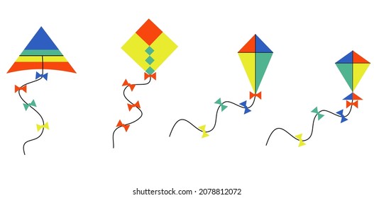 Happy Makar Sankranti.Colorful kite flying isolated on white background.Wind flying toy with ribbon.Flat design.Cartoon vector illustration.Sign, symbol, icon or logo.