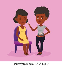 Happy make up artist applying makeup with a brush on woman face. Visagiste doing makeup to young girl. Visagiste doing makeup to a model using a brush. Vector flat design illustration. Square layout.