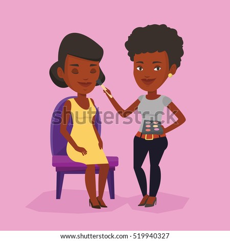 Happy make up artist applying makeup with a brush on woman face. Visagiste doing makeup to young girl. Visagiste doing makeup to a model using a brush. Vector flat design illustration. Square layout.