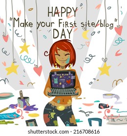 Happy Make your first site or blog day greeting card. Vector postcard for holidays, ui, web games, tablets, wallpapers, and patterns.