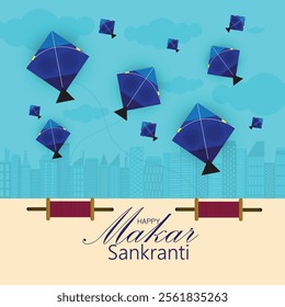 Happy maker Sankranti kites flying in sky on blue background