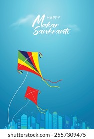 happy maker Sankranti kits flying in sky vector poster