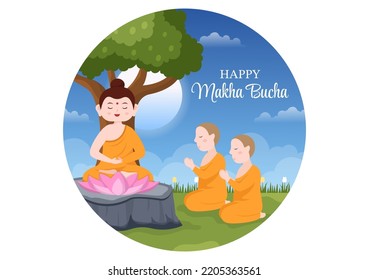 Happy Makha Bucha Day Template Hand Drawn Cartoon Flat Illustration Buddha Sitting in Lotus Flower under Bodhi Tree at Night Surrounded by Monk