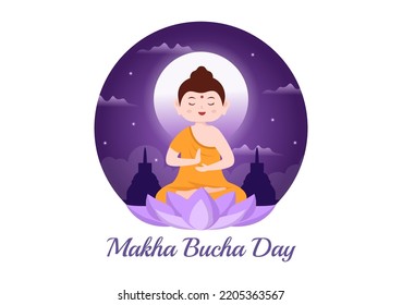 Happy Makha Bucha Day Template Hand Drawn Cartoon Flat Illustration Buddha Sitting in Lotus Flower under Bodhi Tree at Night Surrounded by Monk