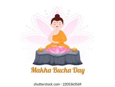 Happy Makha Bucha Day Template Hand Drawn Cartoon Flat Illustration Buddha Sitting in Lotus Flower under Bodhi Tree at Night Surrounded by Monk