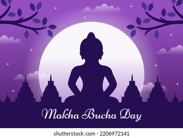 Happy Makha Bucha Day Template Hand Drawn Cartoon Flat Illustration with Buddha Sitting in Lotus Flower under Tree at Night and Surrounded by Monk