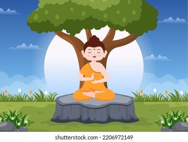 Happy Makha Bucha Day Template Hand Drawn Cartoon Flat Illustration with Buddha Sitting in Lotus Flower under Tree at Night and Surrounded by Monk