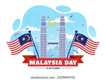 Happy Malaysia Day Celebration Vector Illustration on 16 September with Waving Flag and Twin Towers in Flat Cartoon Hand Drawn Templates