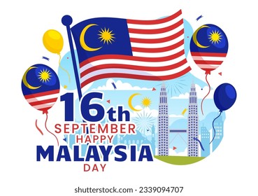 Happy Malaysia Day Celebration Vector Illustration on 16 September with Waving Flag and Twin Towers in Flat Cartoon Hand Drawn Templates