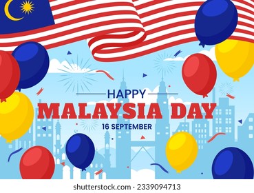 Happy Malaysia Day Celebration Vector Illustration on 16 September with Waving Flag and Twin Towers in Flat Cartoon Hand Drawn Templates