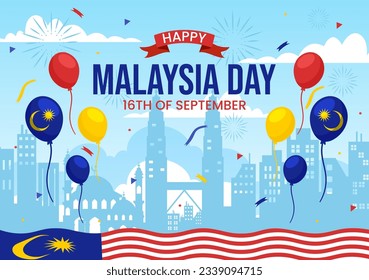 Happy Malaysia Day Celebration Vector Illustration on 16 September with Waving Flag and Twin Towers in Flat Cartoon Hand Drawn Templates