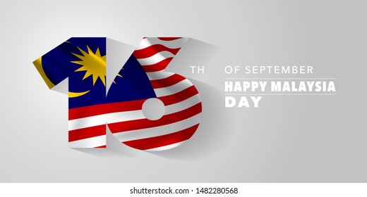 Happy Malaysia day greeting card, banner, vector illustration. Malaysian national day 16th of September background with elements of flag 