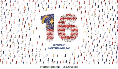 Happy Malaysia Day. A large group of people form to create the number 16 as Malaysia celebrates its Malaysia Day on the 16th of September. Vector illustration.