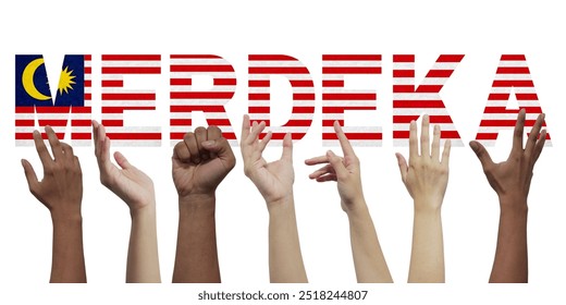 Happy Malaysia Day or merdeka on August 31, 1957. Independence Day celebrating vector banner on white background. Diverse skin colors, multi-ethnic hands, Malaysia flag. Freedom, equality