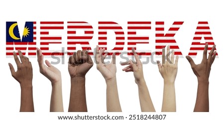 Happy Malaysia Day or merdeka on August 31, 1957. Independence Day celebrating vector banner on white background. Diverse skin colors, multi-ethnic hands, Malaysia flag. Freedom, equality