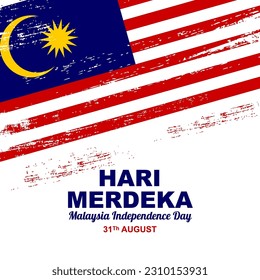 Happy malaysia independence day greeting card, on 31 august, with malaysian flag decoration in rough brush texture style