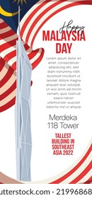 Happy Malaysia Independence Day Vector Illustration. Merdeka 118 Tower For 65th National Day Poster Banner Template. Flag Of Malaysia