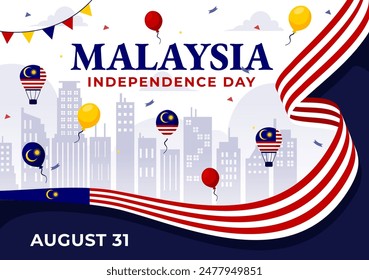 Happy Malaysia Independence Day Vector Illustration on 31 August with Waving Flag and Ribbon in a National Holiday Flat Cartoon Background