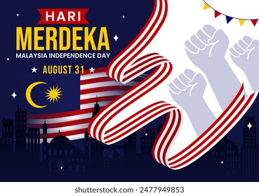 Feliz Día de la Independencia de Malasia Ilustración vectorial el 31 de agosto con banderas y cintas en un fondo de caricatura nacional plano de Festiva