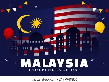 Happy Malaysia Independence Day Vector Illustration on 31 August with Waving Flag and Ribbon in a National Holiday Flat Cartoon Background
