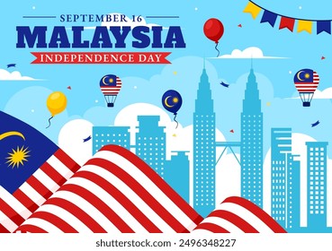 Happy Malaysia Independence Day Vector Illustration on September 16 with Waving Flag and Ribbon in a National Holiday Flat Style Cartoon Background
