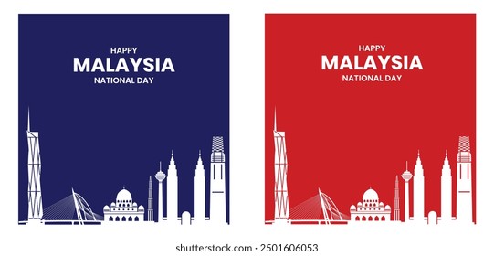 Happy Malaysia National Day Banner Set - Red and Blue Themed Designs Featuring Iconic Landmarks for Celebrating Malaysia's Independence