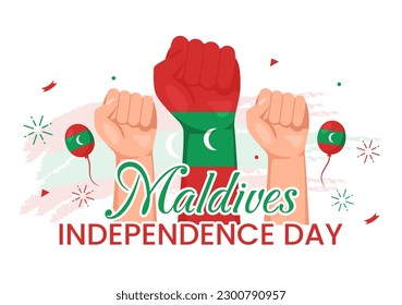 Feliz Día de la Independencia de Maldivas, ilustración del 26 de julio con bandera ondulada maldiva en mano de caricatura plana dibujada con plantillas de fondo de página de aterrizaje