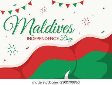 Happy Maldives Independence Day Vector Illustration on 26 July with Maldivian Wavy Flag in Flat Cartoon Hand Drawn Landing Page Background Templates