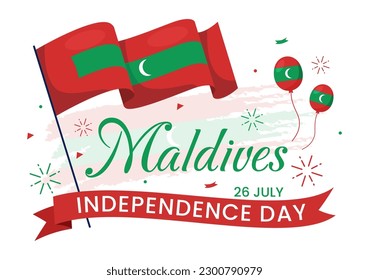Happy Maldives Independence Day Vector Illustration on 26 July with Maldivian Wavy Flag in Flat Cartoon Hand Drawn Landing Page Background Templates