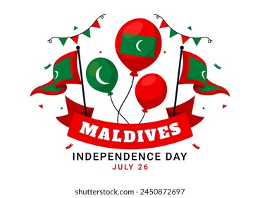 Happy Maldives Independence Day Vector Illustration on 26 July with Maldivian Wavy Flag and Ribbon in Flat Cartoon Background Design