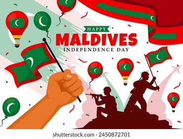 Happy Maldives Independence Day Vector Illustration on 26 July with Maldivian Wavy Flag and Ribbon in Flat Cartoon Background Design