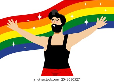 Feliz desenho animado adulto masculino comemorando o Mês do Orgulho com cores da bandeira LGBT, ilustração Vetor.