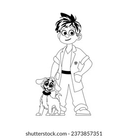 Happy male animal doctor and adorable dog. Childrens coloring page.