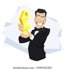 Happy male with award. Illustration concept for mobile website and internet development.