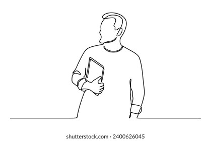 happy male businessman with hand in pocket holding digital tablet. Continuous line style. Hand drawn. business concept. Vector design. Illustration