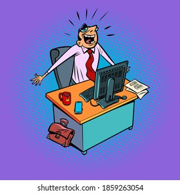 happy male businessman works at an office workplace at a computer. Comic cartoon vintage retro style