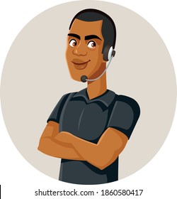 Happy Male Call Center Agent. Man wearing headset answering customer service
