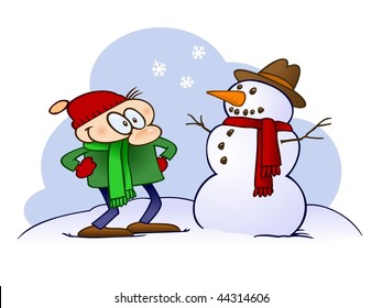 A happy male cartoon character looking at the snowman with hat, scarf and carrot nose, he just built.